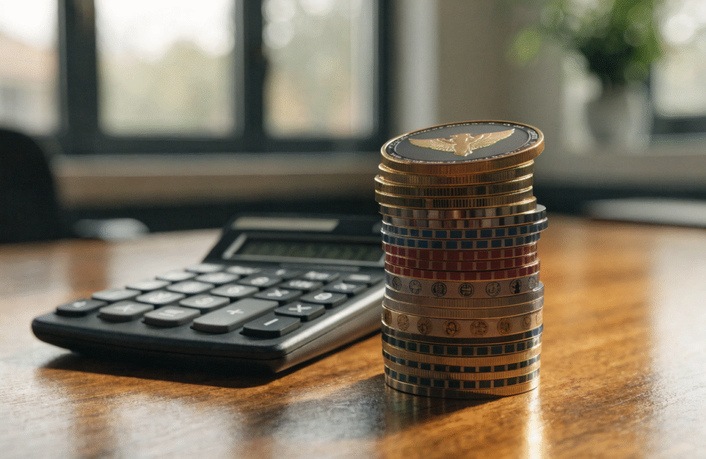 Calculator next to a stack of custom coins