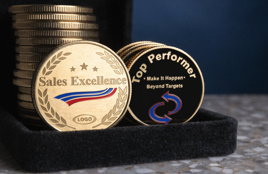 Sales excellence challenge coins with motivational quotes for top performers