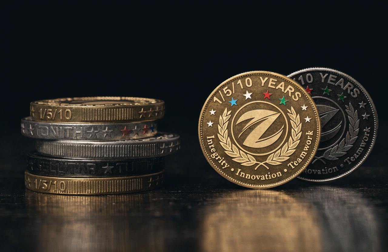 Work anniversary challenge coins with company culture quotes