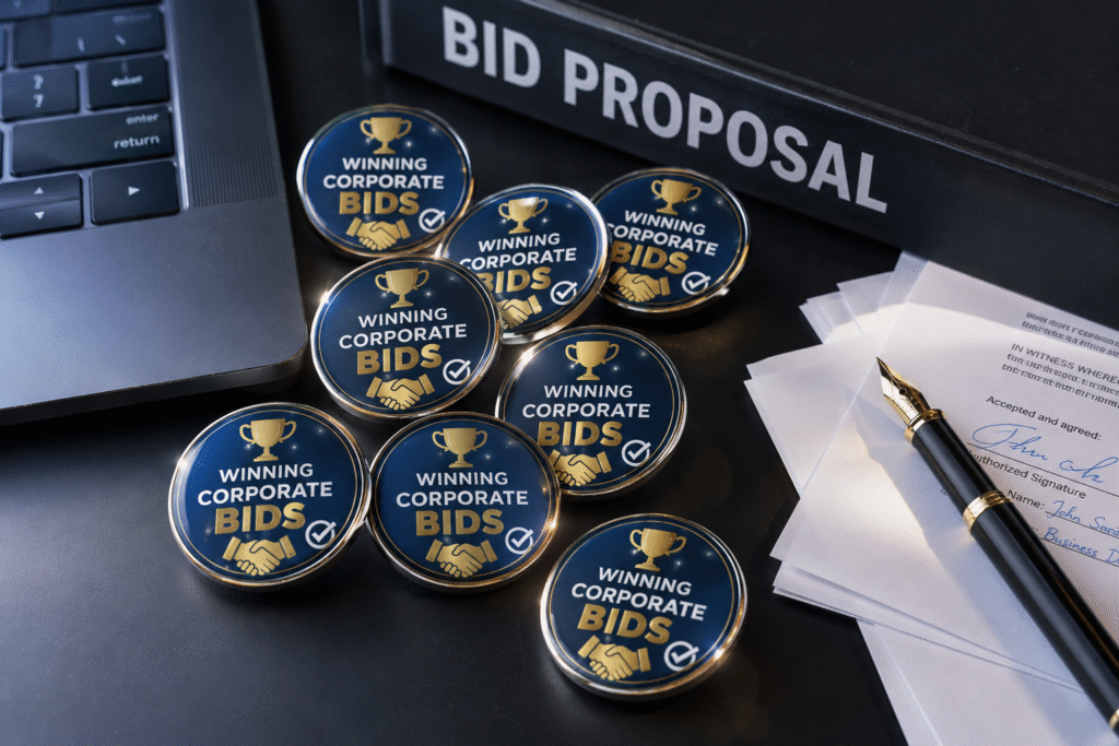 winning corporate bids button pins