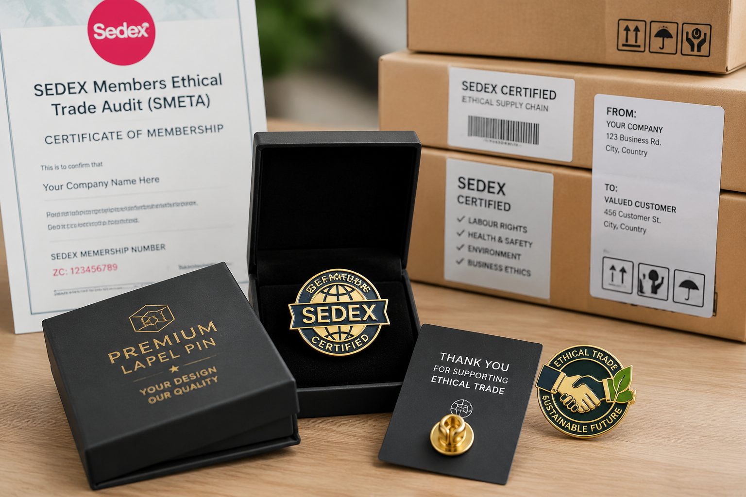 SEDEX certified custom lapel pin delivery