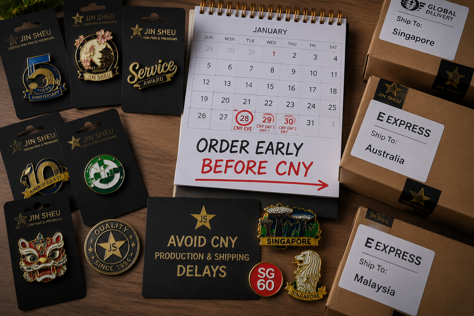 avoiding CNY delays lapel pins