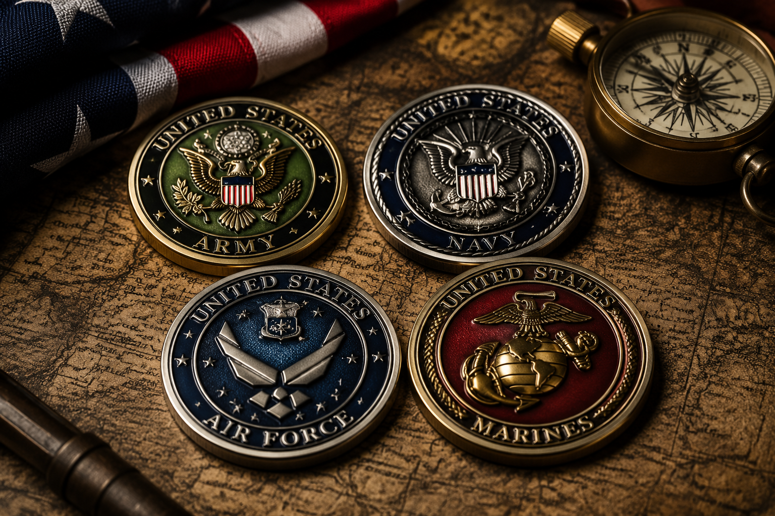 Army Navy Air Force Marine veteran challenge coins