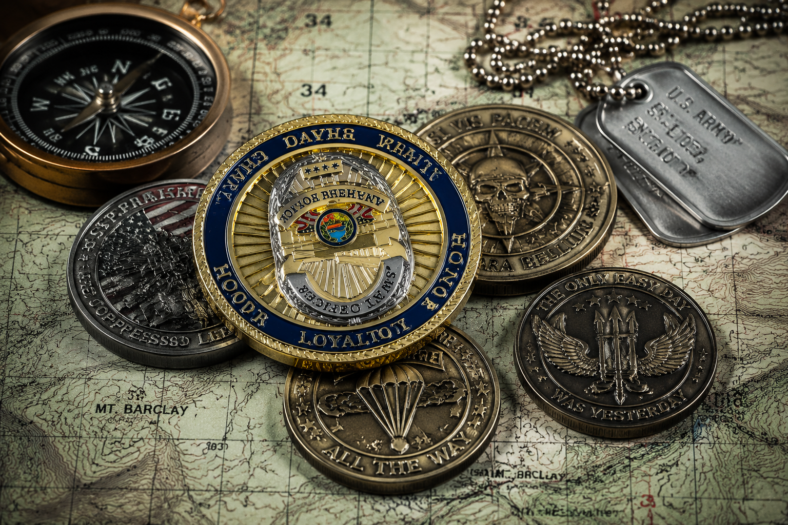 Military coin emblems and layouts