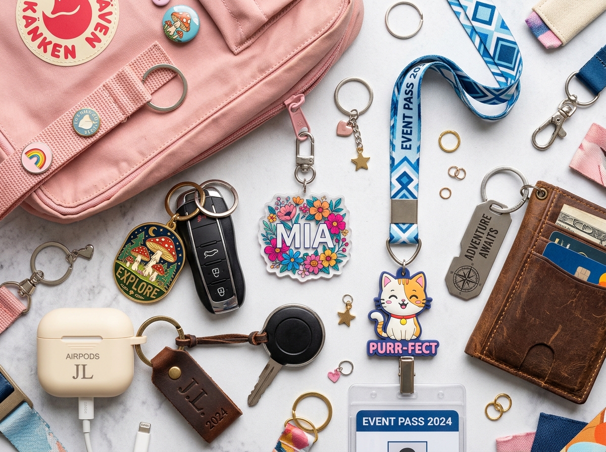 Display of various types of custom keychains