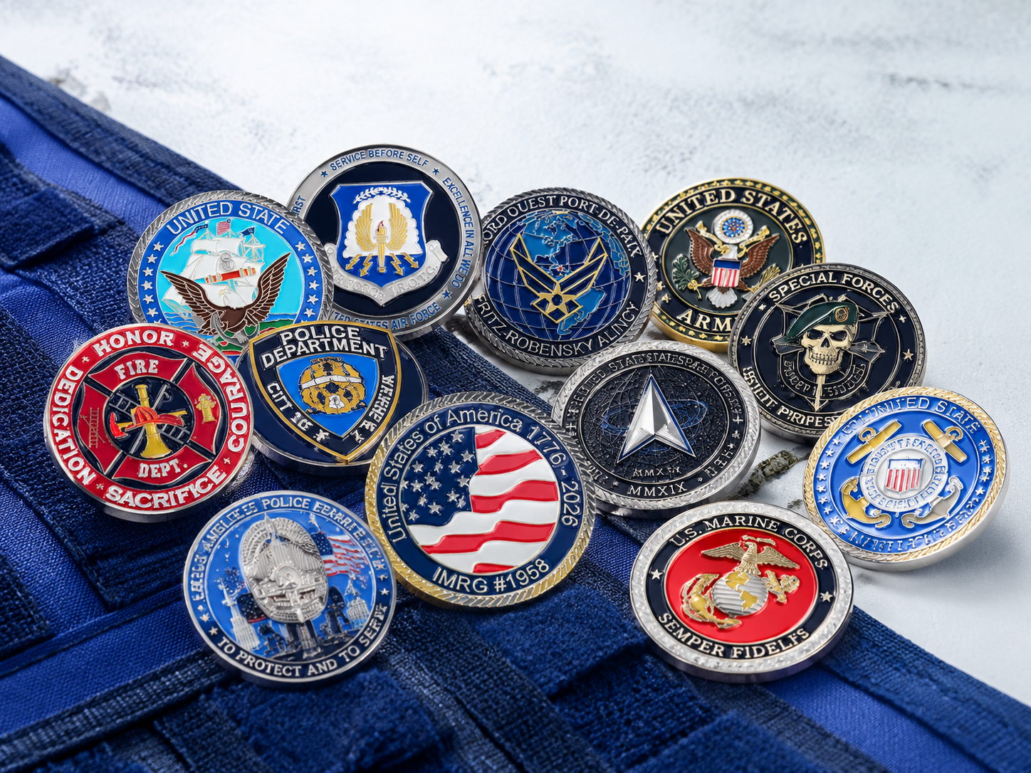 Display of various types of challenge coins
