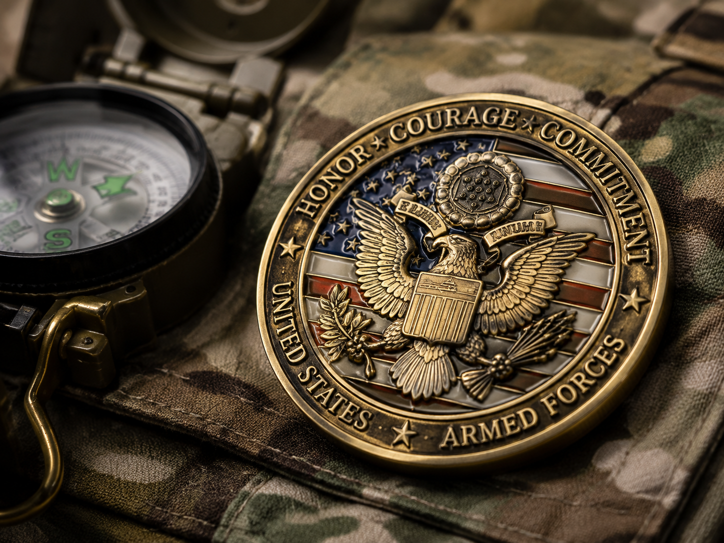 Antique gold custom military challenge coin with deep 3D relief resting on a camouflage uniform, crafted for armed forces