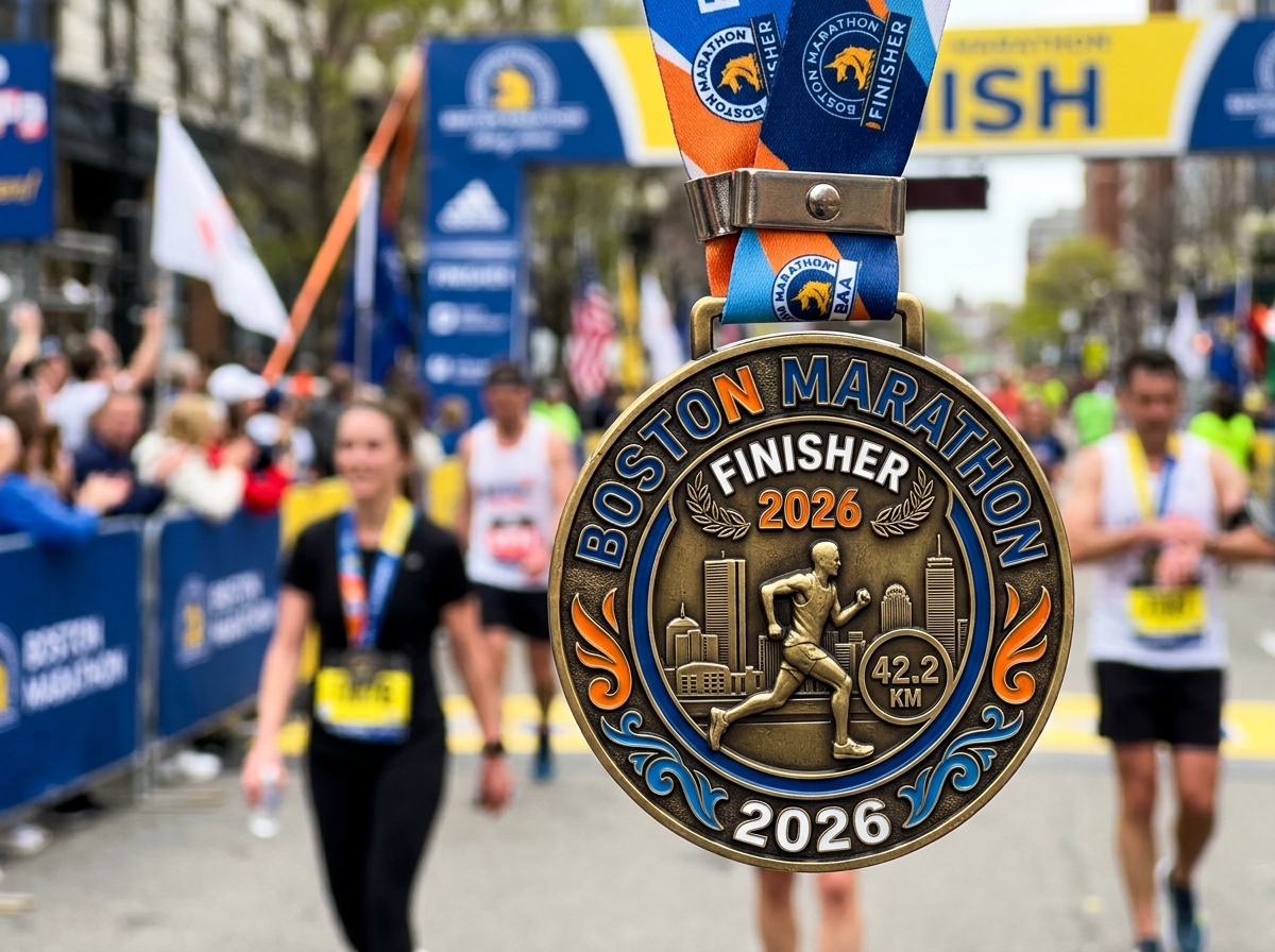 High-quality custom 3D marathon finisher medal with a sublimated lanyard manufactured for sports and event organizers