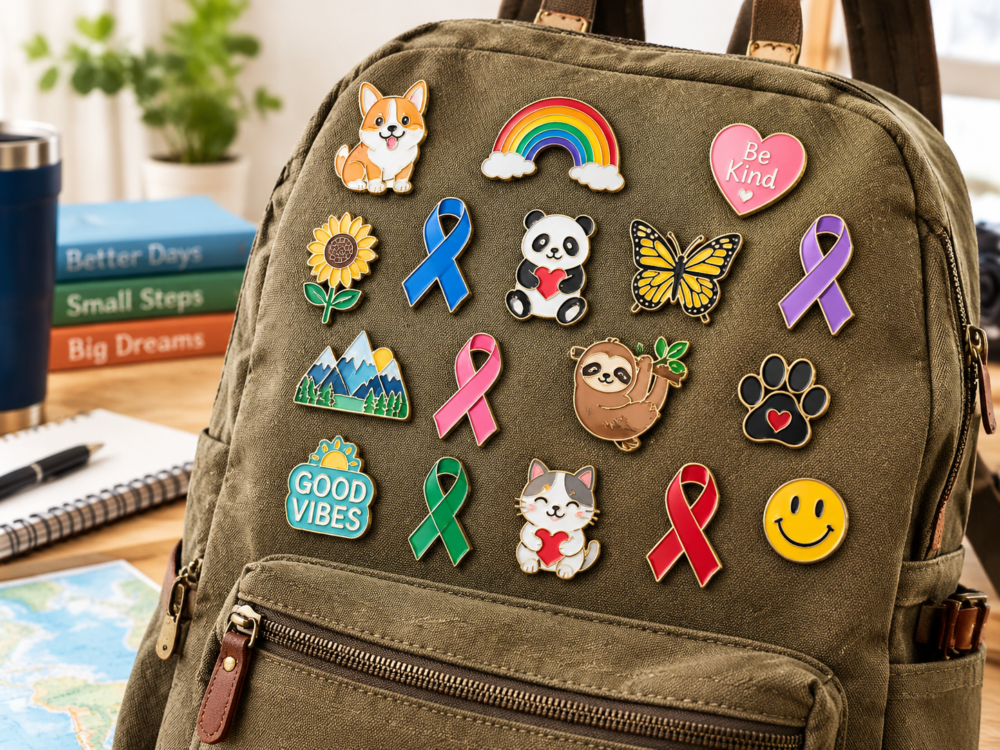 Vibrant custom soft enamel pins and awareness ribbons attached to a canvas backpack for school fundraising and NGO charity events