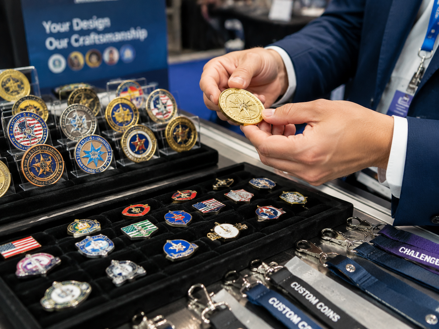 Wholesale custom challenge coins and vibrant enamel lapel pins displayed on a B2B trade show table for promotional distributors